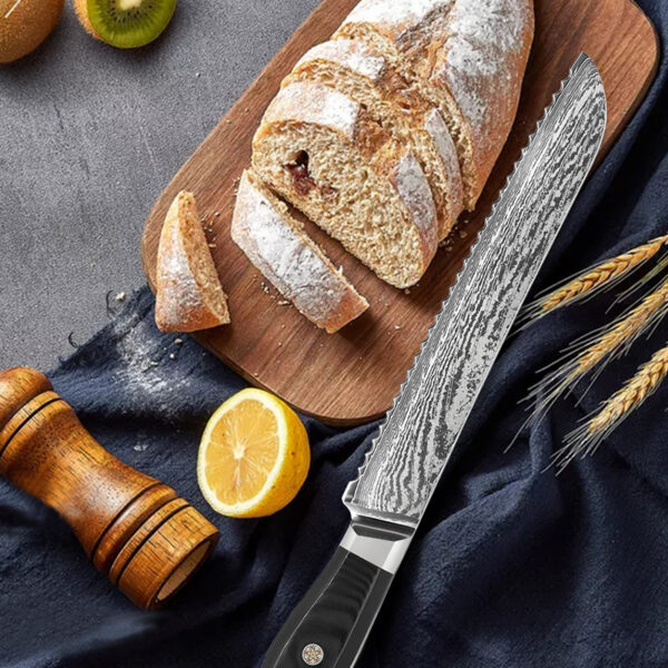 Professional Damascus Bread Knife, 33cm Serrated Edge for Crusty Bread