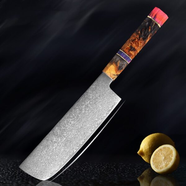 Damascus Nakiri knife with a 16.5cm straight-edge blade, perfect for chopping vegetables with precision and ease, featuring a sleek wood and epoxy handle