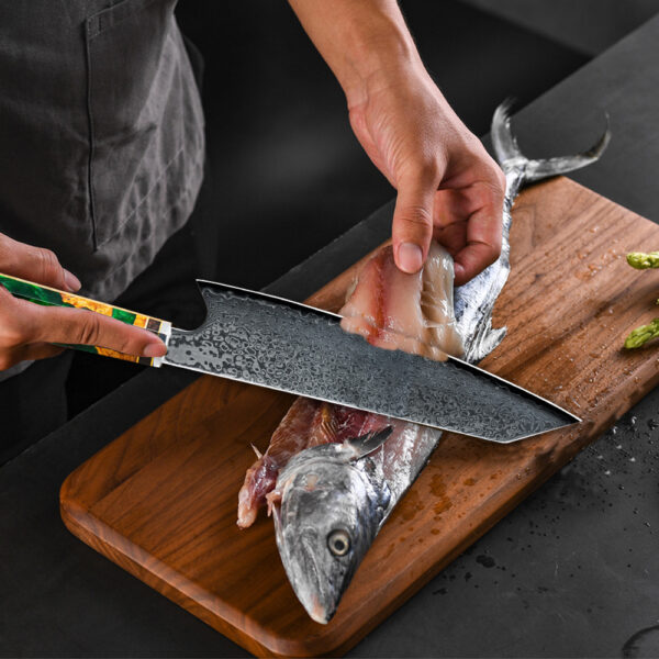 Precision Kiritsuke knife with a sleek 67-layer Damascus steel blade for professional use