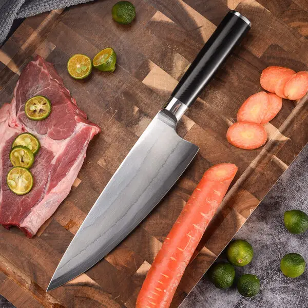 Side view of a Chef's Knife – 6-Layer Composite Steel Blade, highlighting the sharp edge and double bevel design for precision cutting.