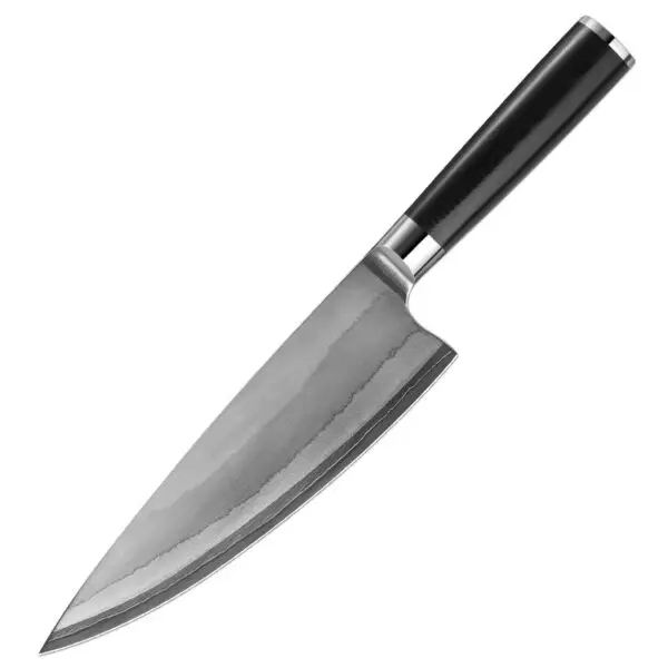 Detailed shot of the Chef's Knife – 6-Layer Composite Steel Blade, showing the spine thickness and blade height for enhanced cutting performance.