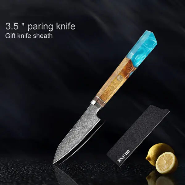 Paring Knife – "Small paring knife with a sharp Damascus-style stainless steel blade, designed for peeling, trimming, and intricate cutting tasks."