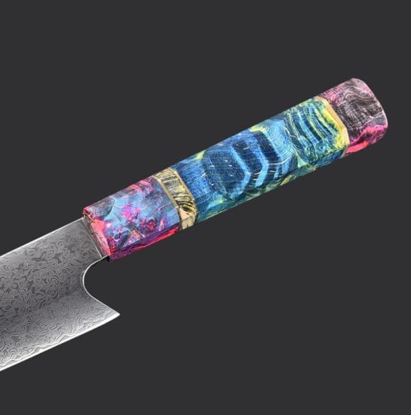 "Close-up of 20.5cm Damascus Kiritsuke chef's knife featuring 67-layer steel blade and premium epoxy-secured wooden handle."