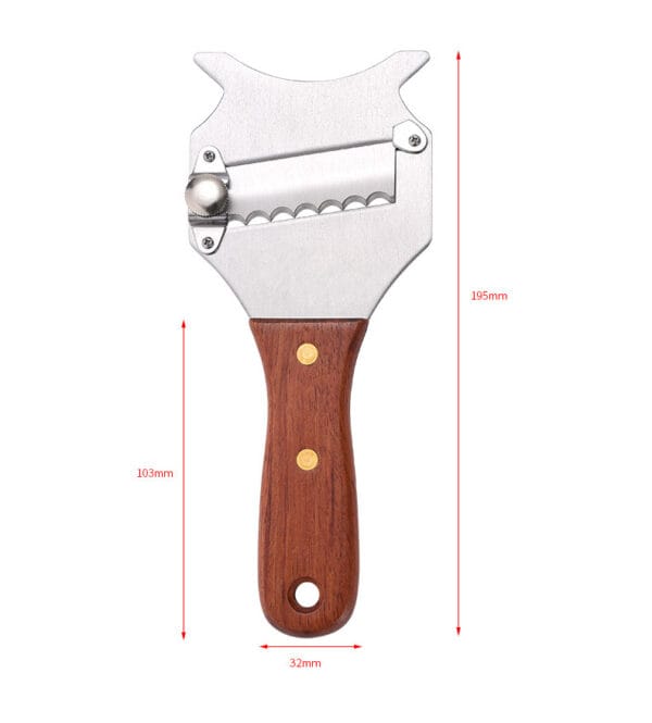 Close-up of truffle slicer’s serrated stainless steel blade for precision slicing