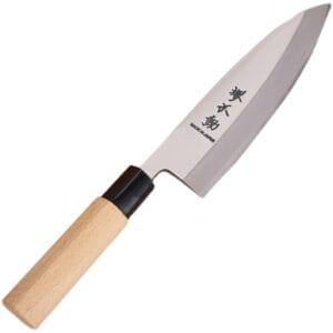 Side view of Deba knife 21cm blade with single bevel for seafood prep.