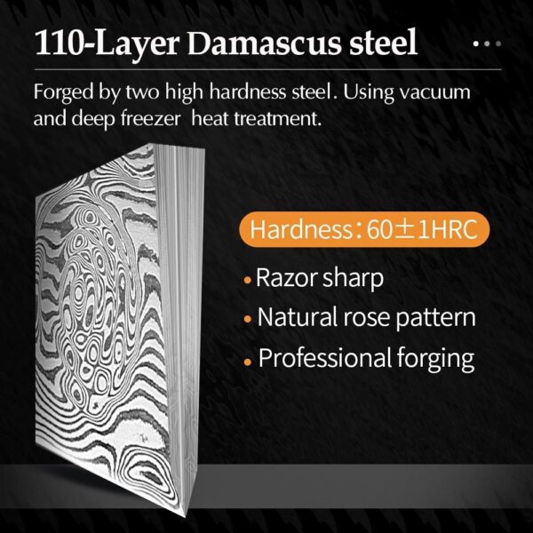 Cross section of the 21cm Damascus steel Bunka knife blade, showcasing the layered construction and high-quality craftsmanship for durability and sharpness