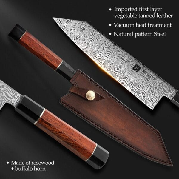 Full view of the 21cm Damascus Bunka knife, featuring a sleek and elegant rosewood and buffalo horn handle