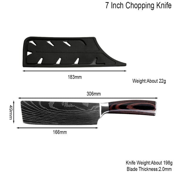 Detailed view of Nakiri knife’s rosewood handle and machine-sharpened 17cm stainless steel blade.