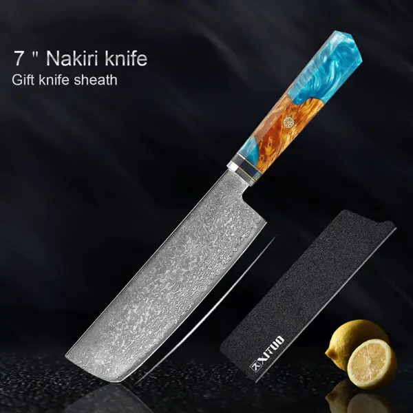 Nakiri (Vegetable Knife) – "Nakiri vegetable knife with a straight Damascus-style stainless steel blade, perfect for chopping vegetables with precision."