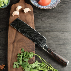 Top view of Nakiri knife with double bevel edge, 17cm hardened stainless steel blade, and rosewood handle.