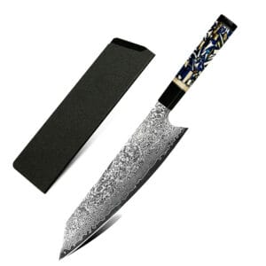 Kiritsuke DMS-220A 8-inch chef’s knife resting on a wooden cutting board, highlighting its sharp edge and polished finish.