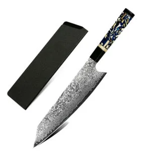 Kiritsuke DMS-220A 8-inch chef’s knife resting on a wooden cutting board, highlighting its sharp edge and polished finish.