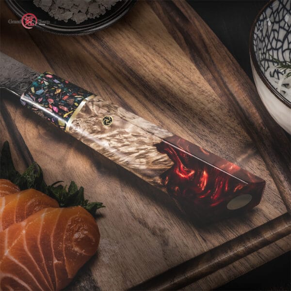 Close-up of the knife’s bolster and tang, highlighting the seamless transition between blade and handle.