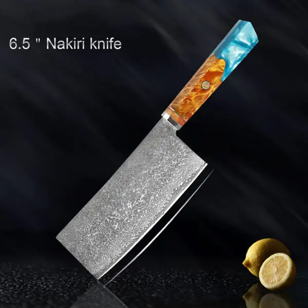 Nakiri (Vegetable Knife) – "Nakiri vegetable knife with a straight Damascus-style stainless steel blade, perfect for chopping vegetables with precision."