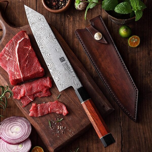 Full view of the 21cm Damascus Bunka knife, featuring a sleek and elegant rosewood and buffalo horn handle
