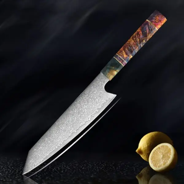 Damascus Kiritsuke knife featuring a 20cm razor-sharp blade with a double bevel edge, ideal for precise slicing and dicing.