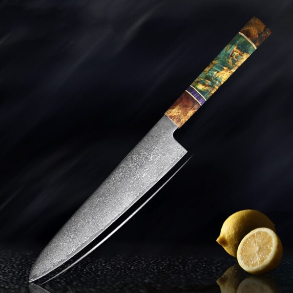 Damascus Gyuto knife with a double bevel edge, 20cm stainless steel blade, and a comfortable stabilized wood handle, perfect for versatile kitchen tasks