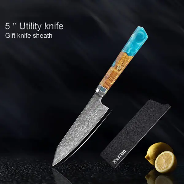 Utility Knife – "Compact utility knife with a Damascus-style stainless steel blade, ideal for detailed kitchen tasks and precision cuts."