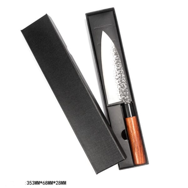 Deba knife elegantly displayed in a premium knife box, highlighting its sharp stainless steel blade and rosewood handle.