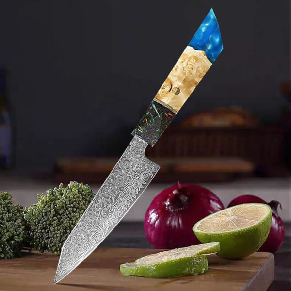 Top view of a 12cm kiritsuke knife, highlighting its 2.8cm blade height and modern minimalist design.