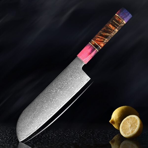 Damascus Santoku knife with an 18cm blade, double bevel edge, and ergonomic stabilized wood handle for effortless chopping and slicing