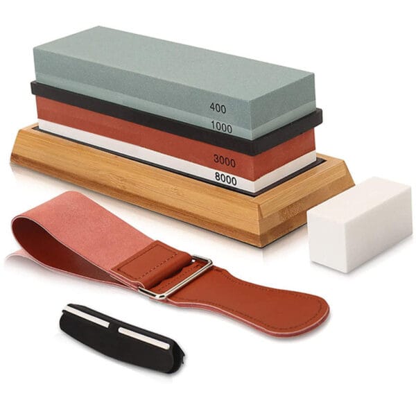 Knife sharpening set with two-sided White Corundum stones and bamboo base