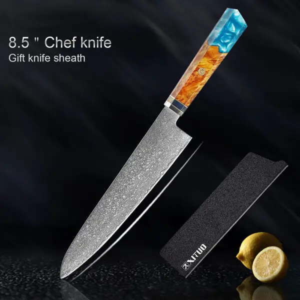 Gyuto (Chef’s Knife) – "Gyuto chef’s knife with a Damascus-style stainless steel blade and a polished stable wood handle, designed for precision slicing and chopping."