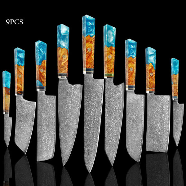 Set of Nine Knives – "Nine-piece Damascus-style stainless steel knife set featuring chef’s, butcher, santoku, nakiri, and utility knives with elegant wood and epoxy handles."