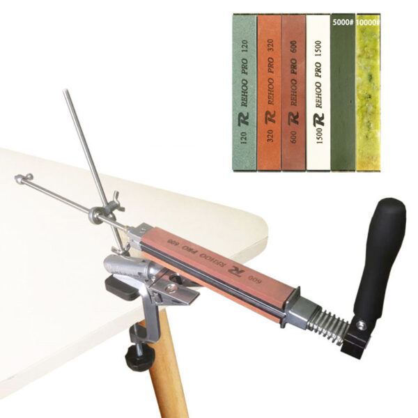 Knife sharpener with six sharpening stones (120#, 320#, 600#, 1500#, 5000#, 10000#) for professional results