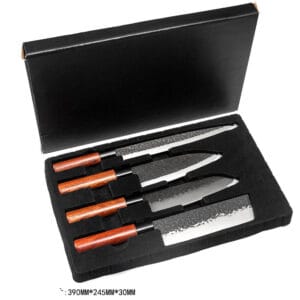 Full view of the Handmade Knife Set of 4, including the Deba, Santoku, Sujihiki, and Nakiri knives, displayed on a wooden surface.