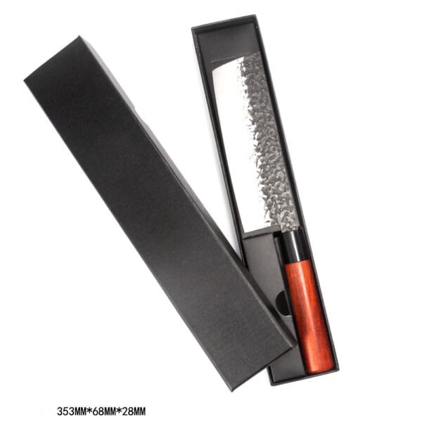 Nakiri knife neatly presented in a stylish packaging box, illustrating its ergonomic handle and durable stainless steel construction.