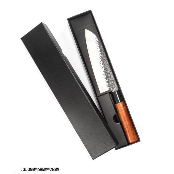 Santoku knife placed inside a custom-fit gift box, showcasing its modern design and precision craftsmanship.