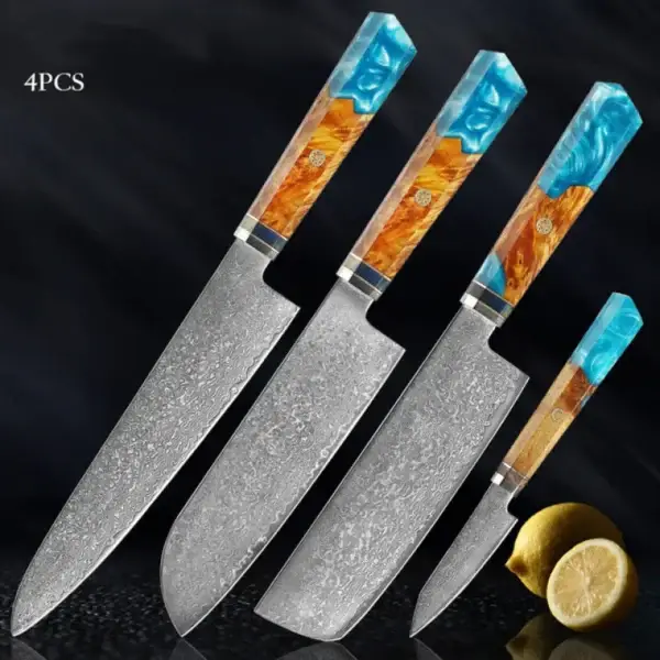 Set of Four Knives – "Four-piece Damascus-style stainless steel knife set with stable wood and epoxy handles, displayed on a dark surface."