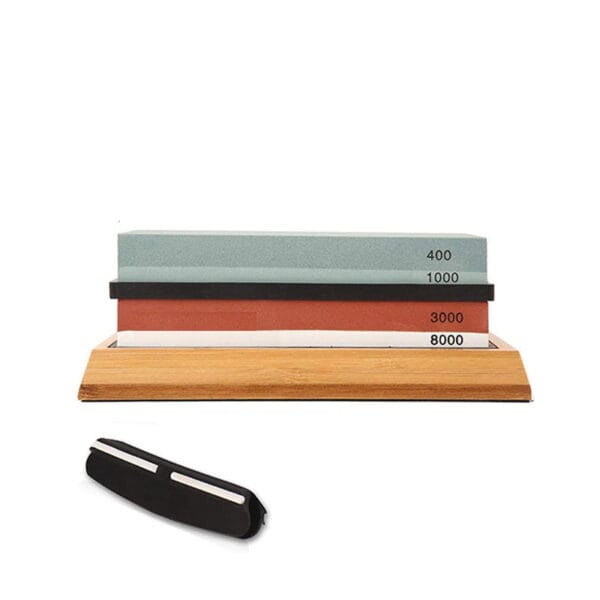 Close-up of White Corundum sharpening stone showing fine and coarse grit sides