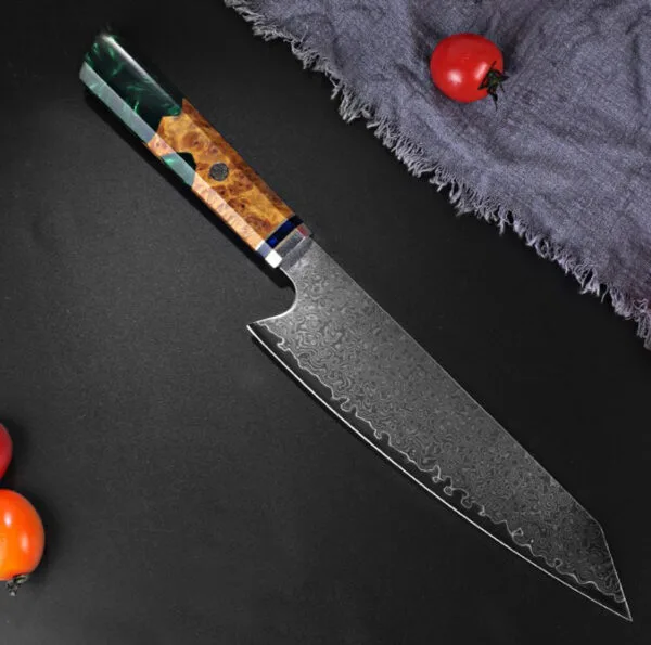 Full view of resin-handled Japanese chef knife in green with octagonal profile.