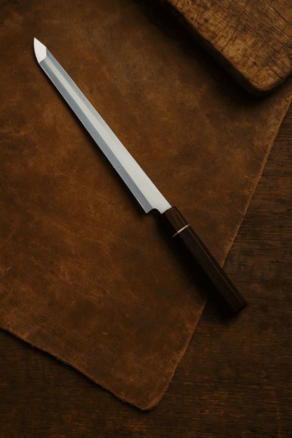 Yanagiba sashimi knife resting on worn brown leather with wood handle and single bevel blade, top-down view.