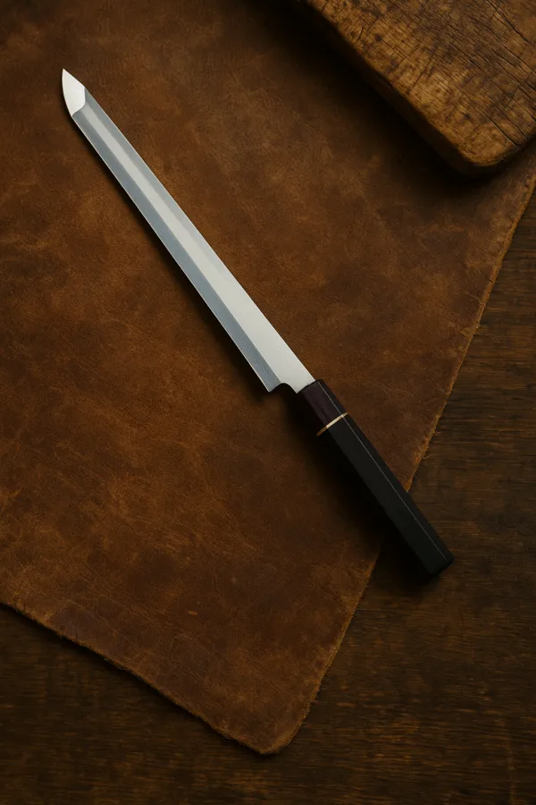 Yanagiba sashimi knife resting on worn brown leather with wood handle and single bevel blade, top-down view.