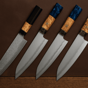 "Kiritsuke 20.5cm chef’s knife with a stainless steel blade and Durian Tree wood handle, available in black, white, or blue resin