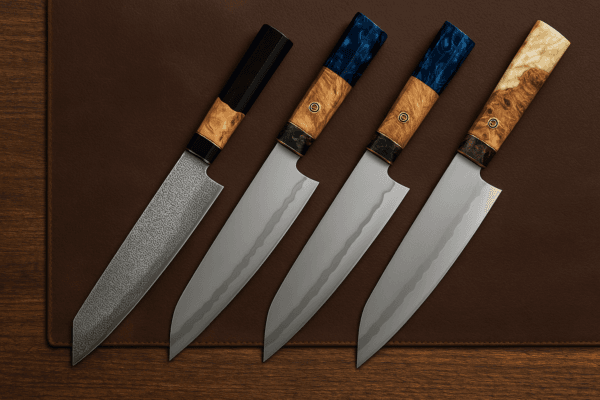 "Kiritsuke 20.5cm chef’s knife with a stainless steel blade and Durian Tree wood handle, available in black, white, or blue resin