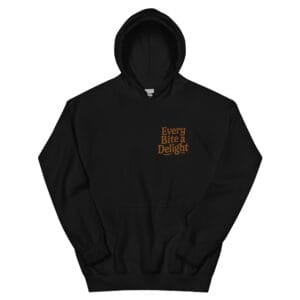 Black hoodie with “Every Bite a Delight” slogan on left chest