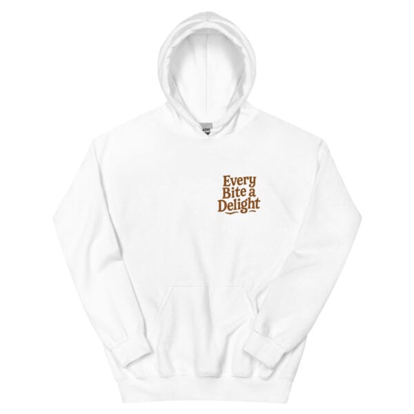 White hoodie with “Every Bite a Delight” slogan on left chest
